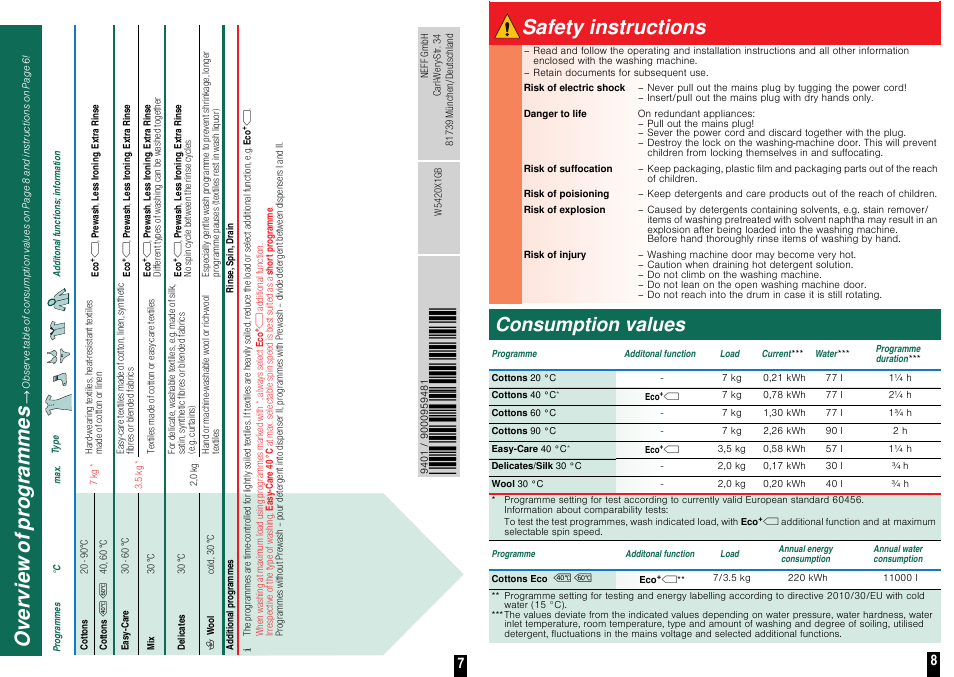 ʑ ʑ ʑ, Safety instructions, Consumption values | Neff W5420X1GB User Manual | Page 6 / 8
