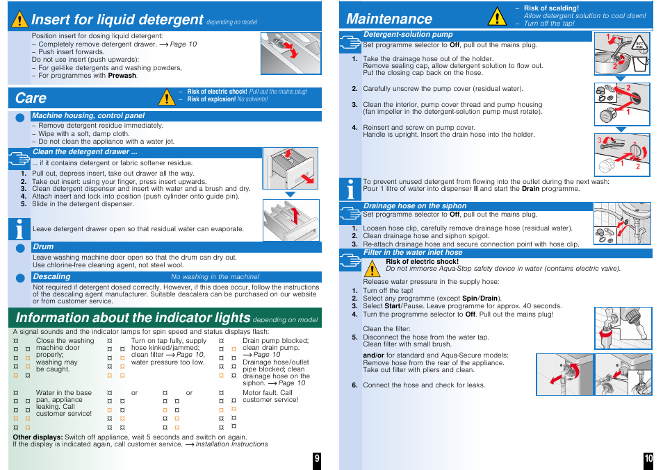 ʑ ʑ ʑ, Insert for liquid detergent, Care | Maintenance, Information about the indicator lights | Neff W5420X1GB User Manual | Page 7 / 8