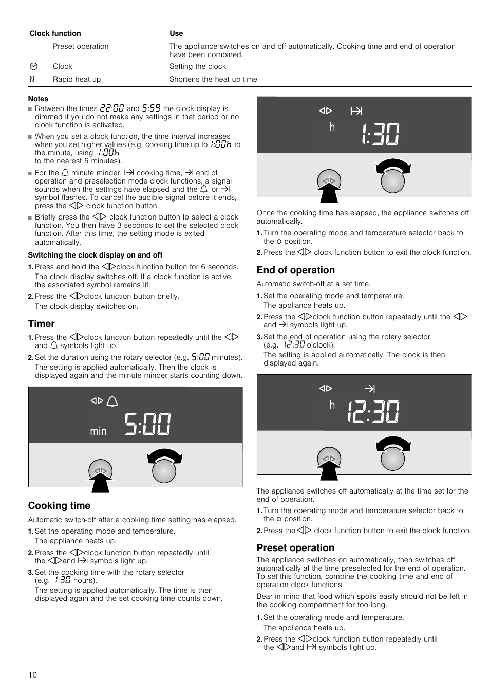 Notes, Switching the clock display on and off, Press the kjclock function button briefly | Timer, Cooking time, Set the operating mode and temperature, End of operation, Preset operation, Cooking time end of operation preset operation | Neff B15E52N3GB User Manual | Page 10 / 32