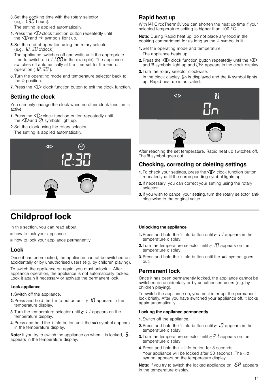 Setting the clock, Set the clock using the rotary selector, Rapid heat up | Note, Set the operating mode and temperature, Turn the rotary selector clockwise, Checking, correcting or deleting settings, Childproof lock, Lock, Lock appliance | Neff B15E52N3GB User Manual | Page 11 / 32