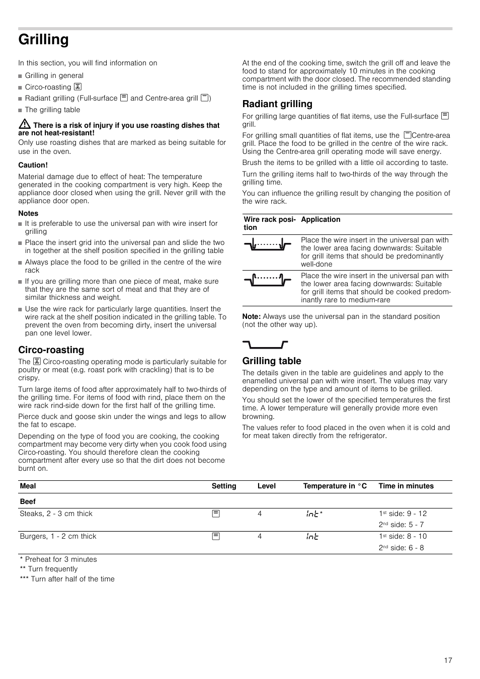 Grilling, Caution, Material damage due to effect of heat | Notes, Circo-roasting, Radiant grilling, Note, Grilling table, Circo-roasting radiant grilling grilling table | Neff B15E52N3GB User Manual | Page 17 / 32