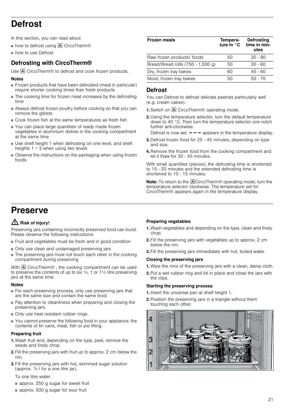 Defrost, Defrosting with circotherm, Notes | Switch on 3 circotherm® operating mode, Note, Preserve, Risk of injury, Preparing fruit, Preparing vegetables, Closing the preserving jars | Neff B15E52N3GB User Manual | Page 21 / 32