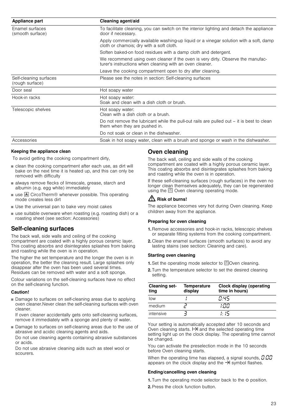 Keeping the appliance clean, Self-cleaning surfaces, Caution | Oven cleaning, Risk of burns, Preparing for oven cleaning, Starting oven cleaning, Set the operating mode selector to zoven cleaning, Ending/cancelling oven cleaning, Press the clock function button | Neff B15E52N3GB User Manual | Page 23 / 32