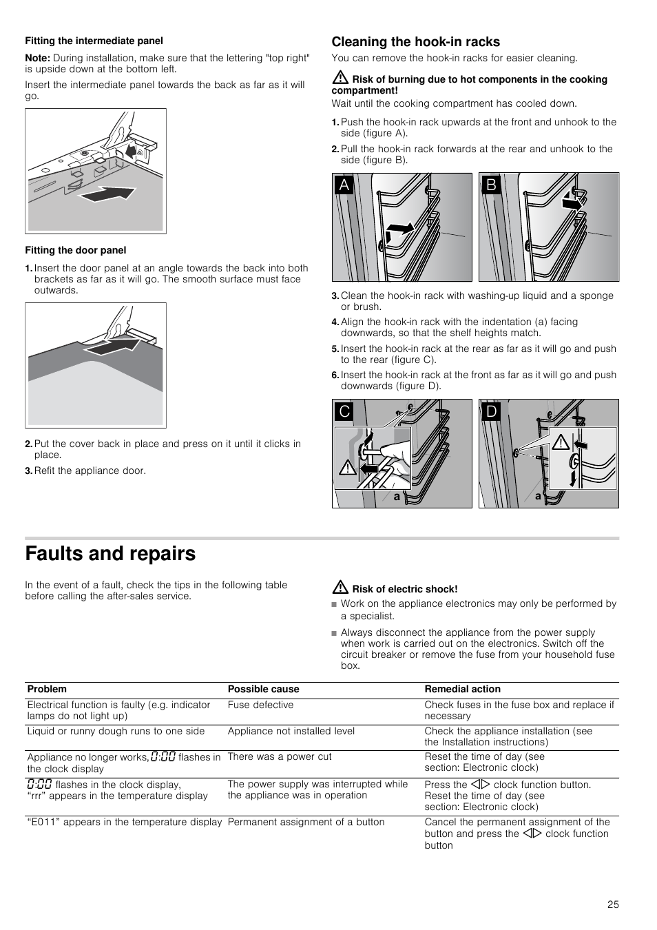 Fitting the intermediate panel, Note, Fitting the door panel | Refit the appliance door, Cleaning the hook-in racks, Faults and repairs, Risk of electric shock | Neff B15E52N3GB User Manual | Page 25 / 32