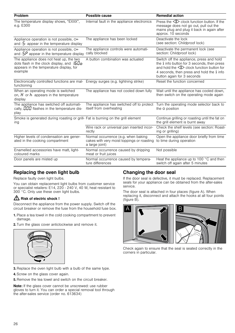 Replacing the oven light bulb, Risk of electric shock, Turn the glass cover anticlockwise and remove it | Screw on the glass cover again, Note, Changing the door seal | Neff B15E52N3GB User Manual | Page 26 / 32