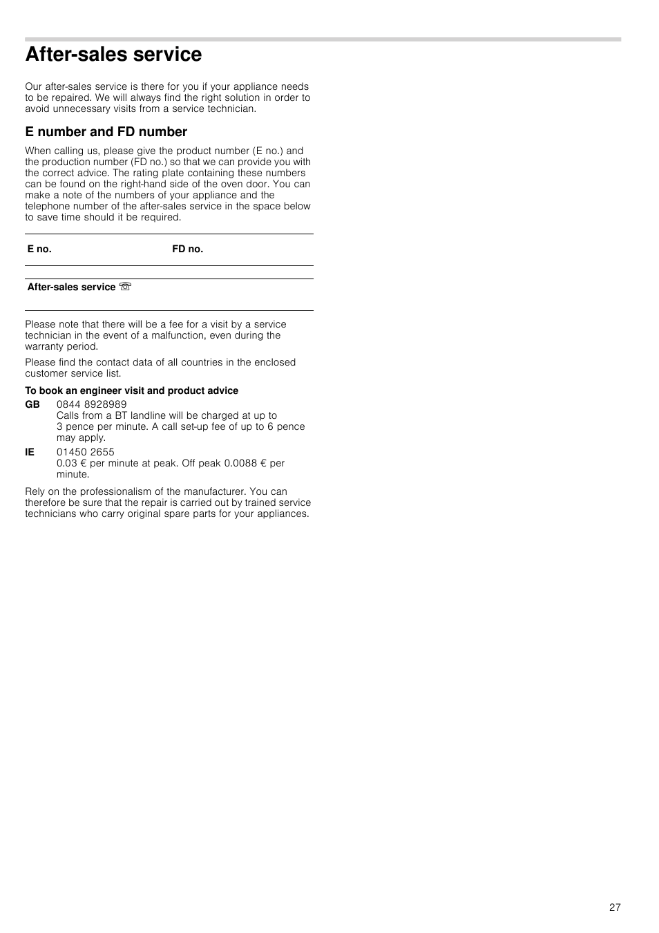 After-sales service, E number and fd number, To book an engineer visit and product advice | Vice e number and fd number | Neff B15E52N3GB User Manual | Page 27 / 32