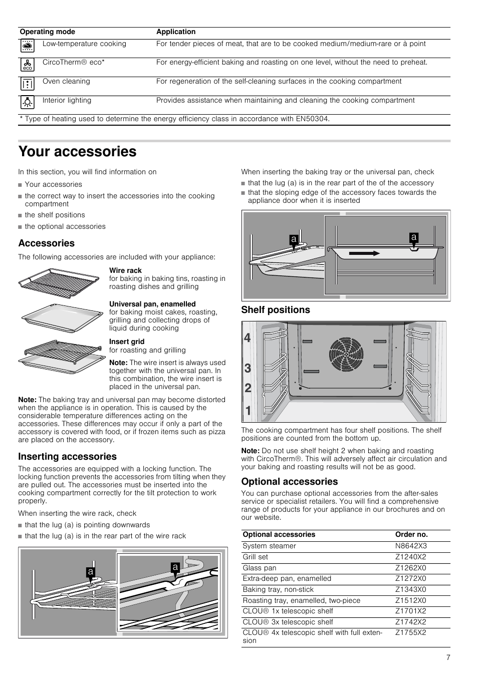 Your accessories, Accessories, Note | Inserting accessories, Shelf positions, Optional accessories | Neff B15E52N3GB User Manual | Page 7 / 32