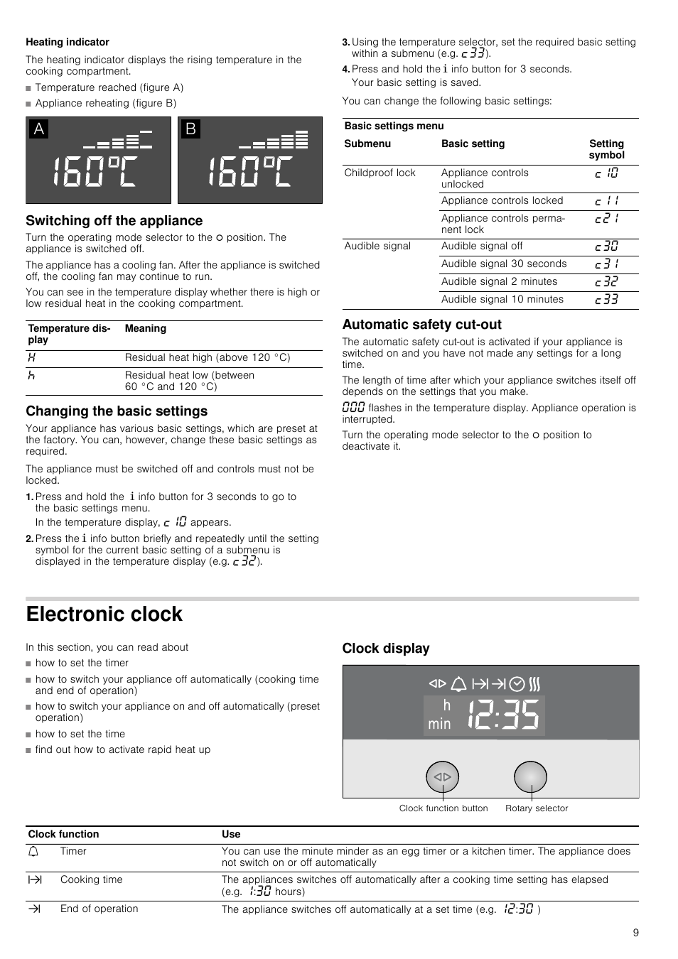 Heating indicator, Switching off the appliance, Changing the basic settings | Press and hold the ± info button for 3 seconds, Automatic safety cut-out, Electronic clock, Clock display | Neff B15E52N3GB User Manual | Page 9 / 32