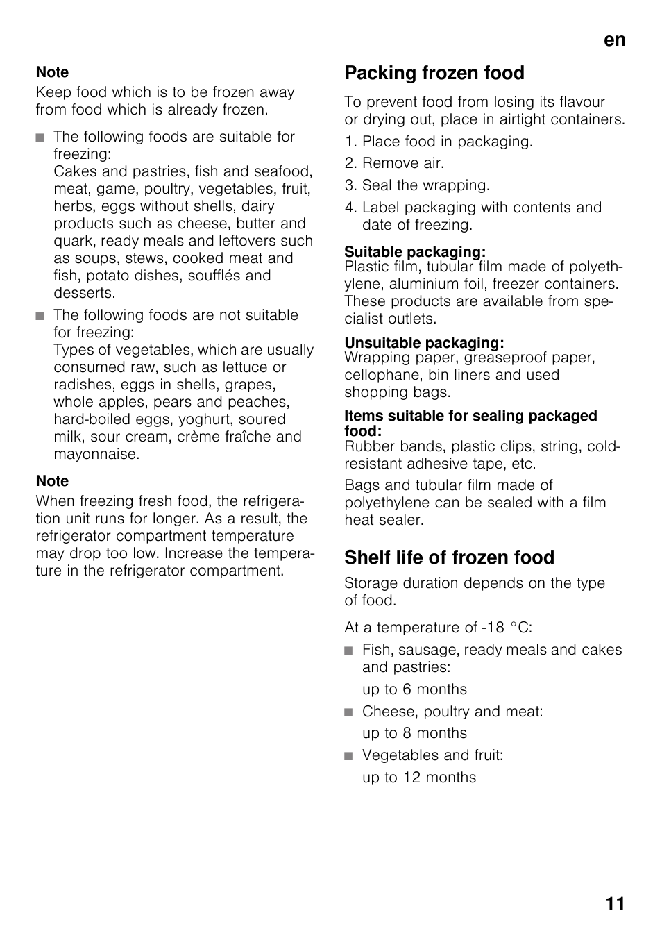 Packing frozen food, Suitable packaging, Unsuitable packaging | Items suitable for sealing packaged food, Shelf life of frozen food, En 11 | Neff K4336X8GB User Manual | Page 11 / 22