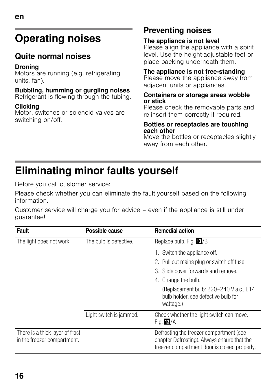 Operating noises, Quite normal noises, Droning | Bubbling, humming or gurgling noises, Clicking, Preventing noises, The appliance is not level, The appliance is not free-standing, Containers or storage areas wobble or stick, Bottles or receptacles are touching each other | Neff K4336X8GB User Manual | Page 16 / 22