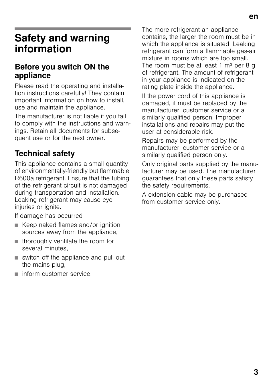 En table of contentsen instruction for use, Safety and warning information, Before you switch on the appliance | Technical safety, En 3 | Neff K4336X8GB User Manual | Page 3 / 22