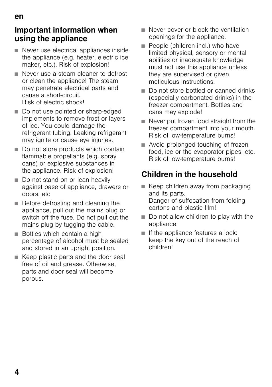 Important information when using the appliance, Children in the household | Neff K4336X8GB User Manual | Page 4 / 22