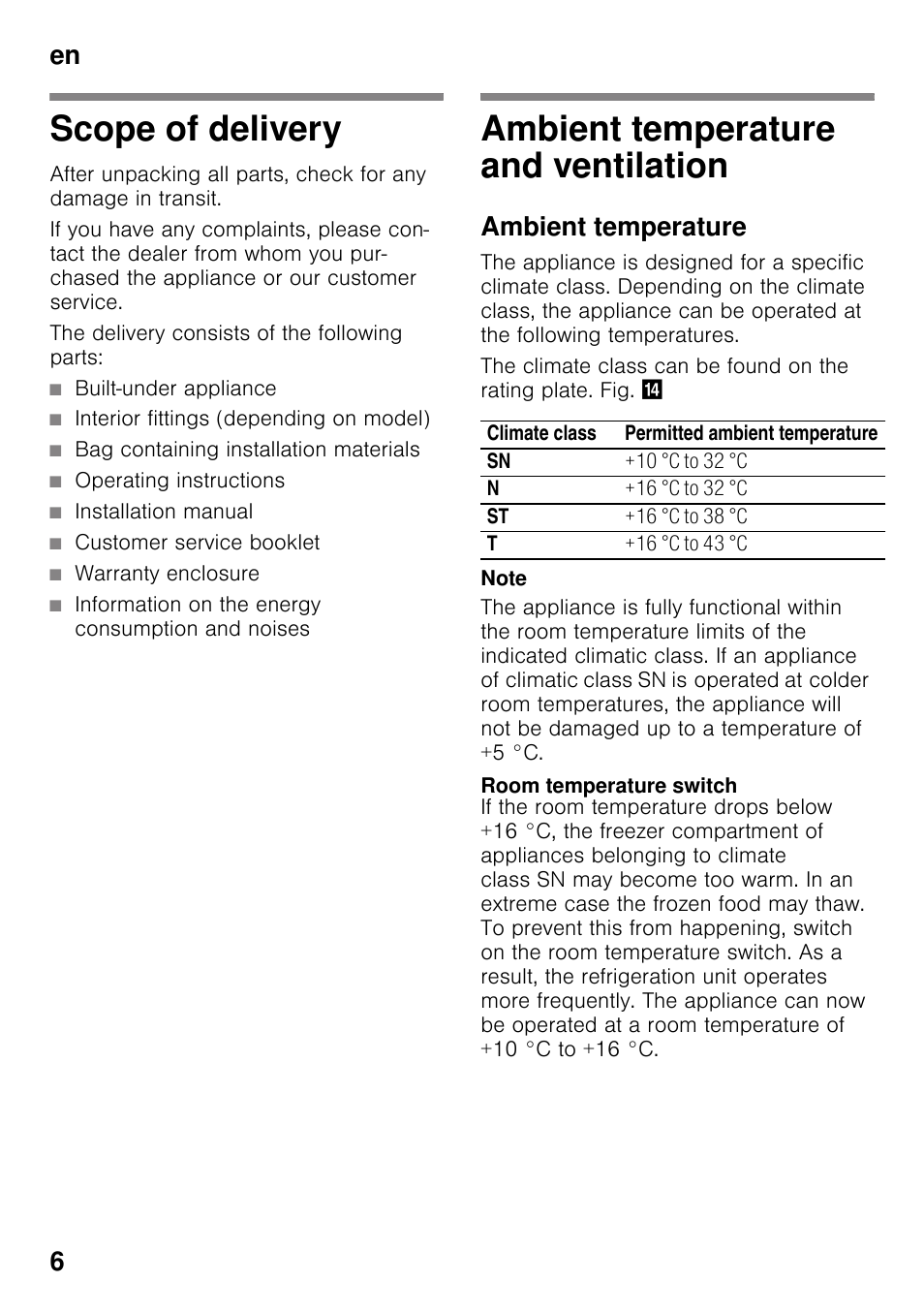 Scope of delivery, Ambient temperature and ventilation, Ambient temperature | Room temperature switch, En 6 | Neff K4336X8GB User Manual | Page 6 / 22
