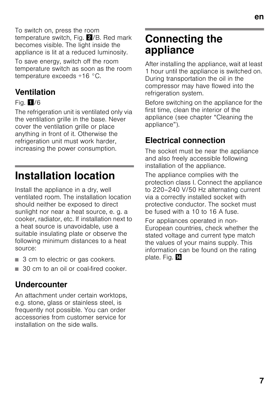 Ventilation, Installation location, Undercounter | Connecting the appliance, Electrical connection, Installation location connecting the appliance, En 7 | Neff K4336X8GB User Manual | Page 7 / 22