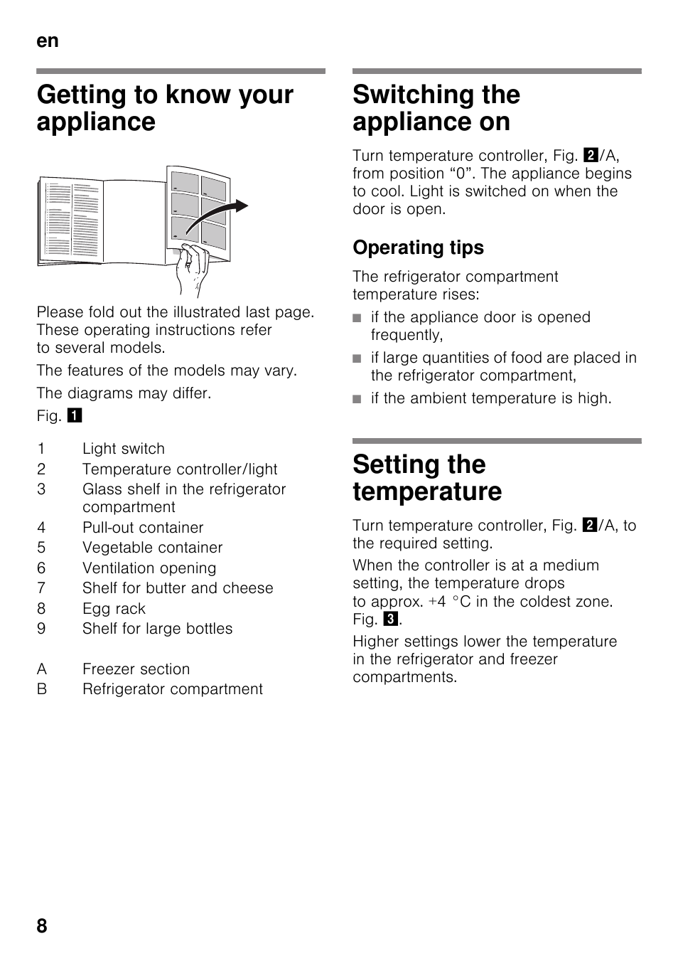 Getting to know your appliance, Switching the appliance on, Operating tips | Setting the temperature, En 8 | Neff K4336X8GB User Manual | Page 8 / 22