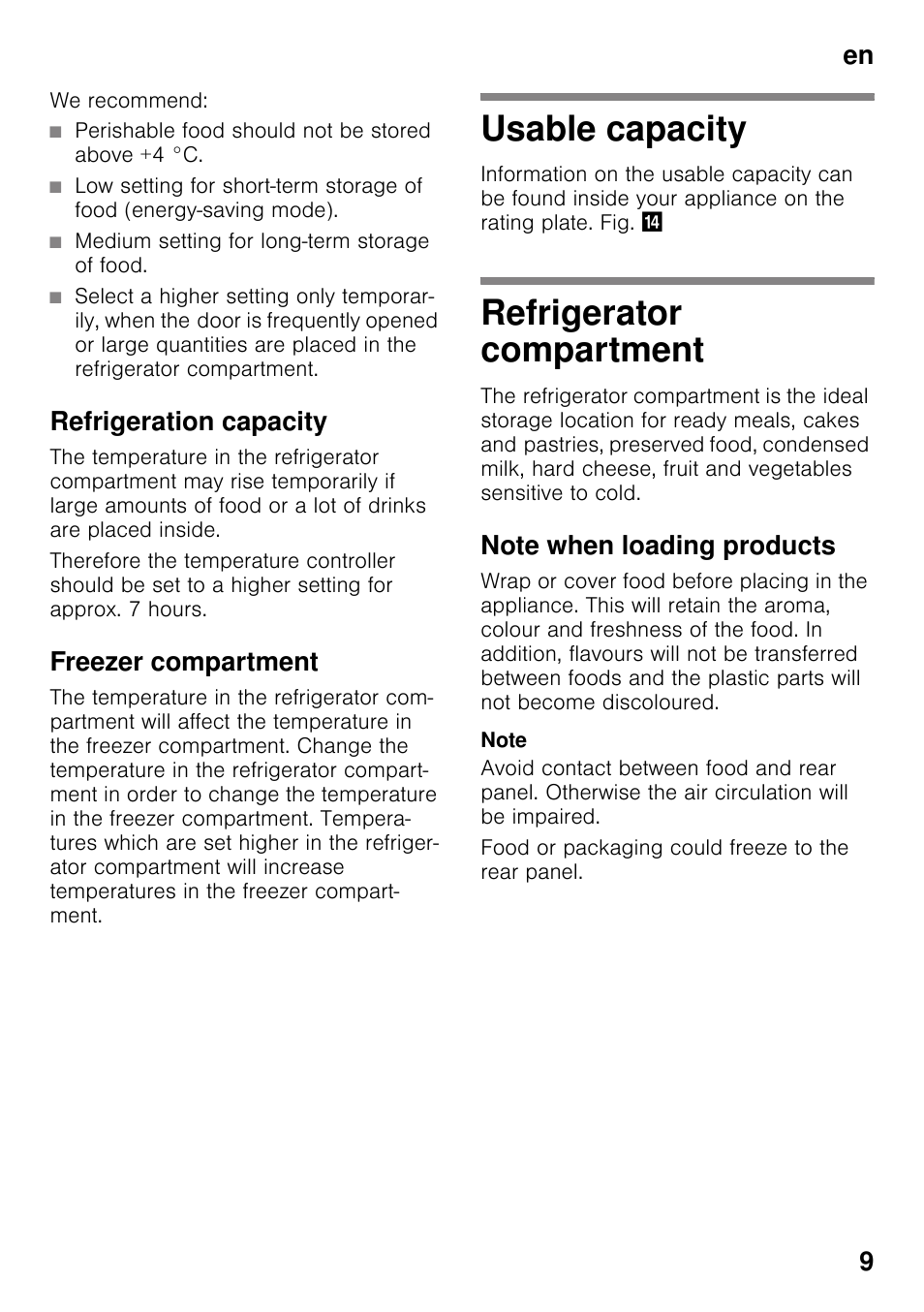 Refrigeration capacity, Freezer compartment, Usable capacity | Refrigerator compartment, Note when loading products, Usable capacity refrigerator compartment, En 9 | Neff K4336X8GB User Manual | Page 9 / 22