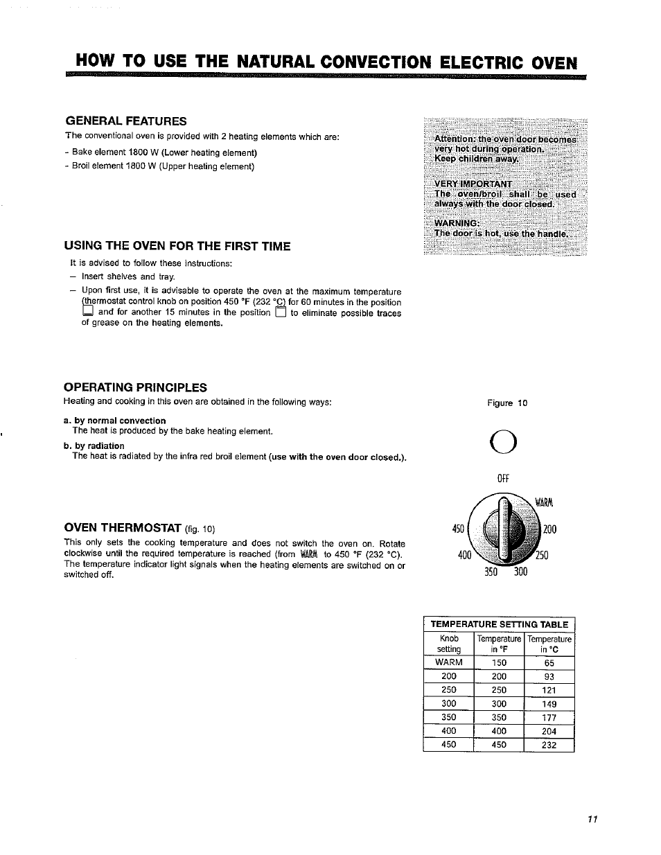How to use the natural convection electric oven, General features, Using the oven for the first time | Operating principles, Oven thermostat (fig. 10) | Avanti DER241BS User Manual | Page 11 / 20