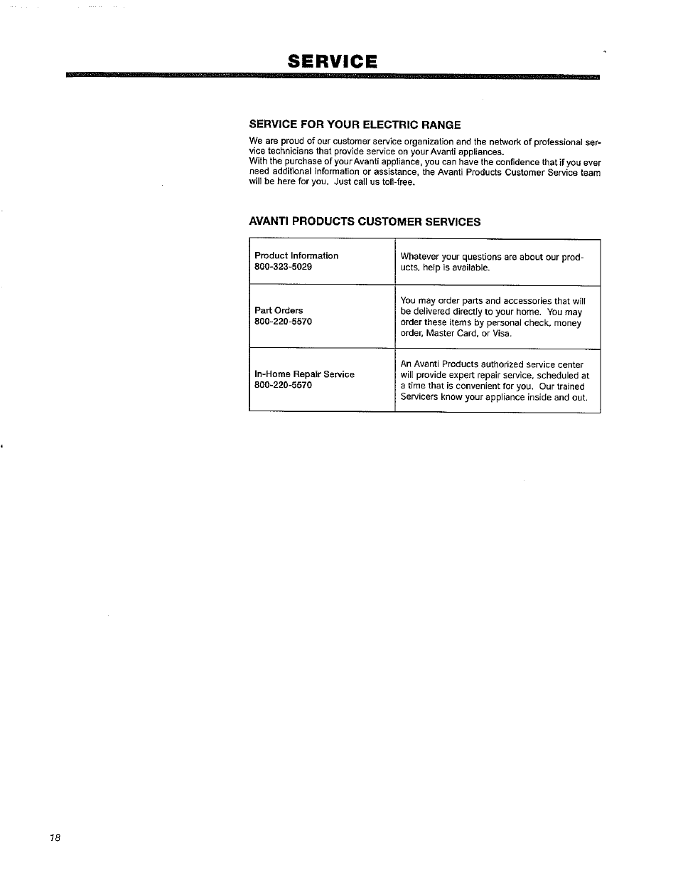 Service, Service for your electric range, Avanti products customer services | Avanti DER241BS User Manual | Page 18 / 20