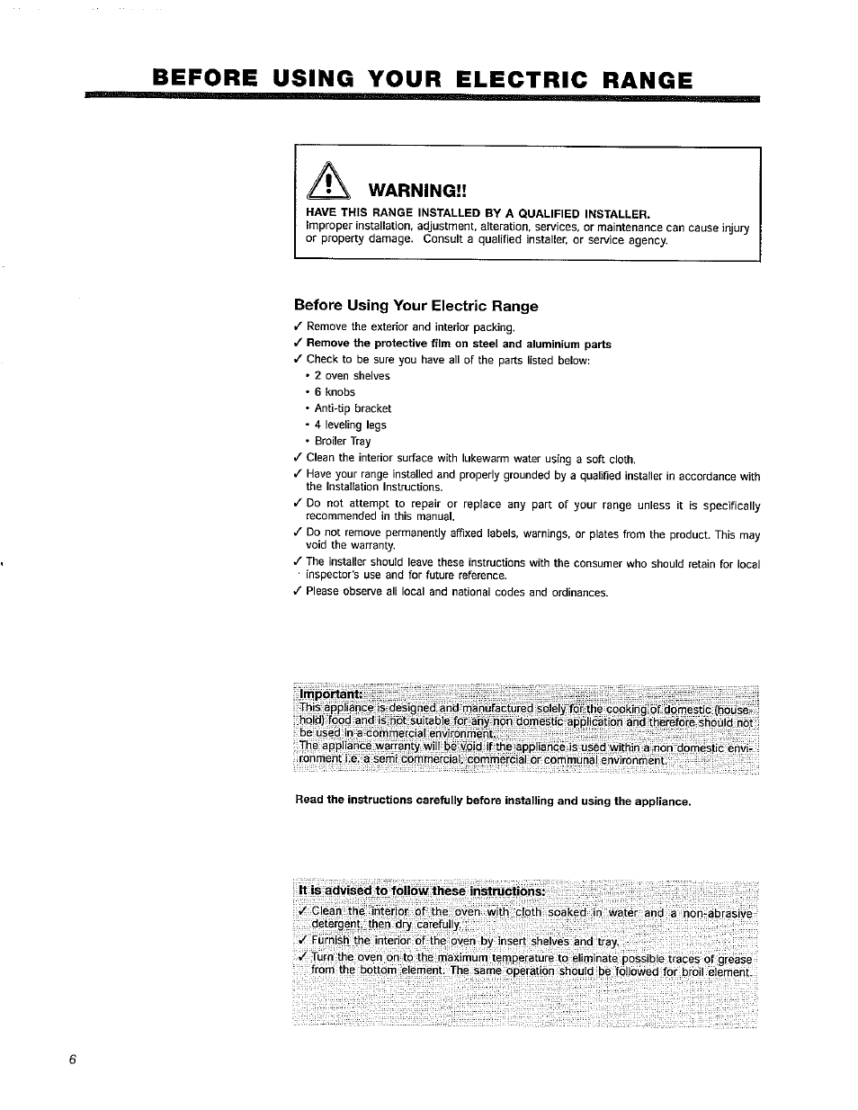Before using your electric range, Warning, Have this range installed by a qualified installer | Avanti DER241BS User Manual | Page 6 / 20