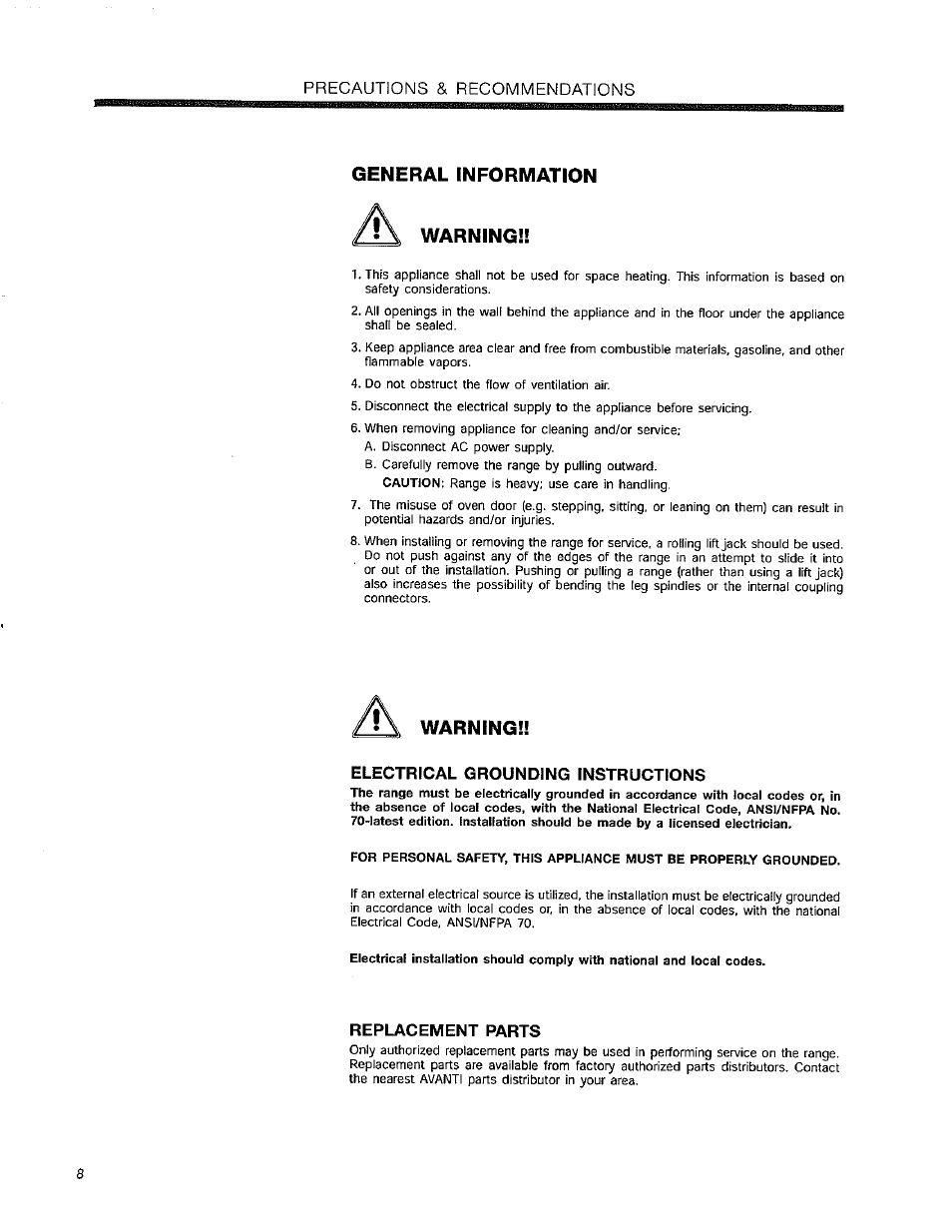 General information, Warning, Electrical grounding instructions | Replacement parts, General information warning, Precautions & recommendations | Avanti DER241BS User Manual | Page 8 / 20