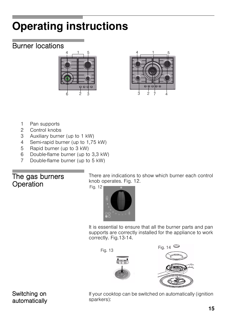 Switching on automatically, Operating instructions, Burner locations the gas burners operation | Neff T22S46N0 User Manual | Page 15 / 22