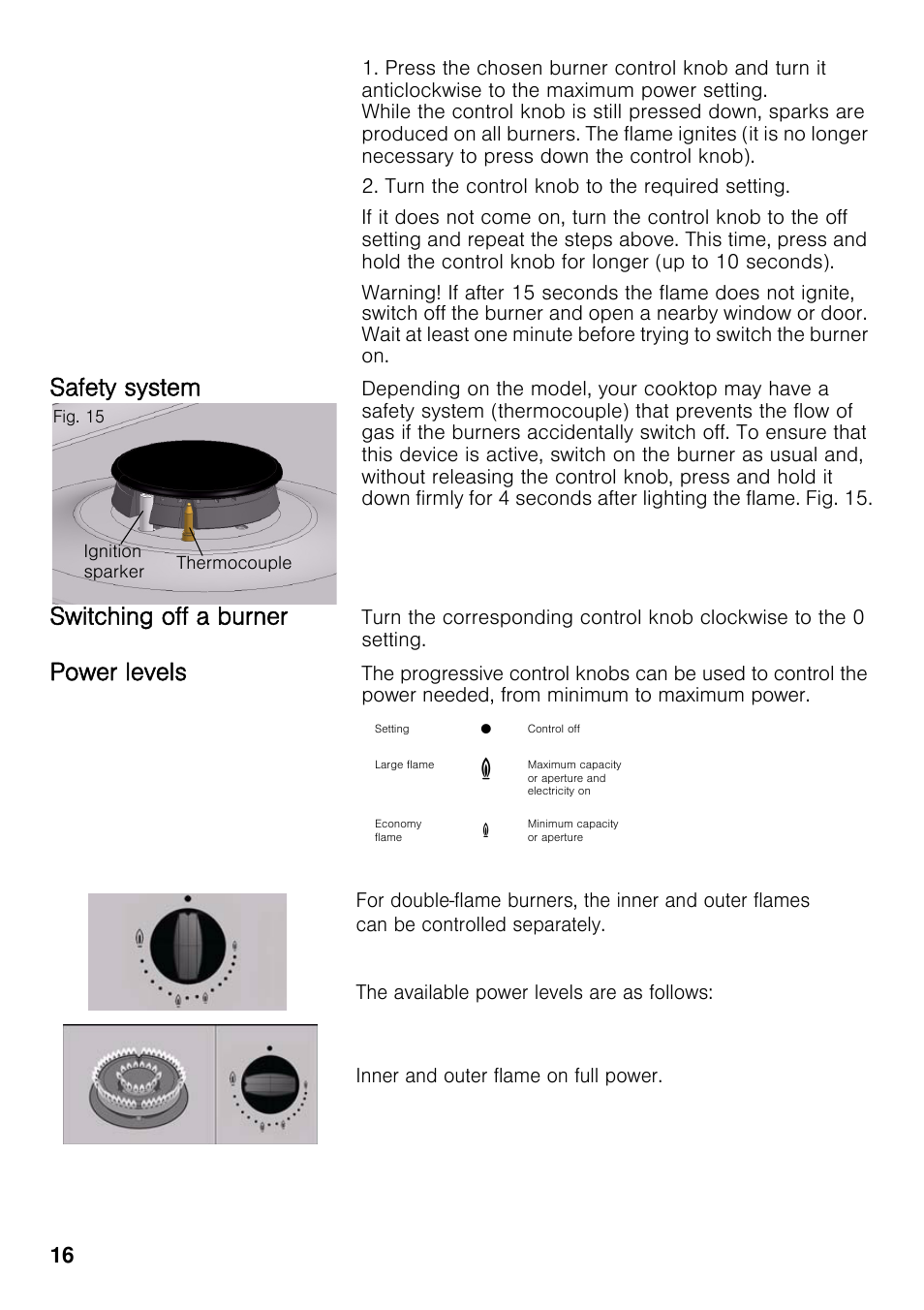 Safety system, Switching off a burner, Power levels | Neff T22S46N0 User Manual | Page 16 / 22