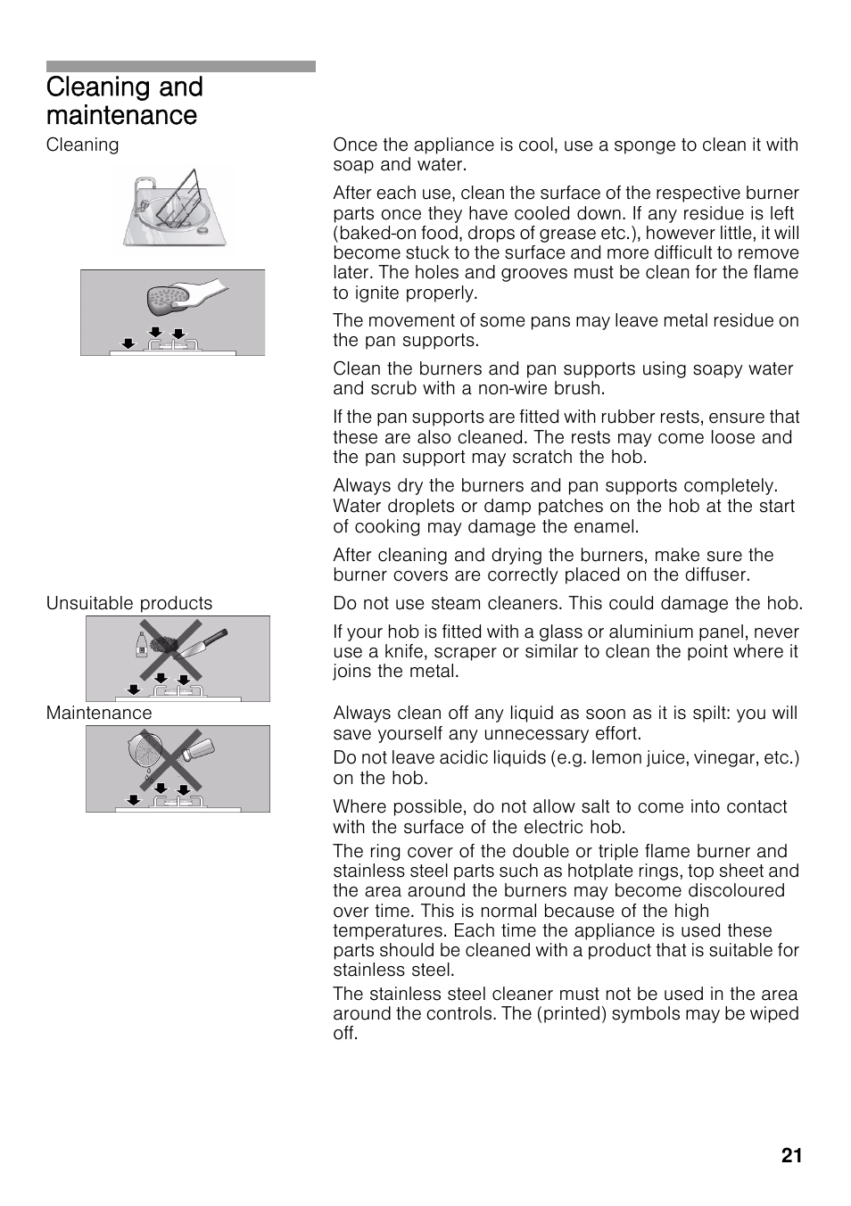 Cleaning, Unsuitable products, Maintenance | Cleaning and maintenance | Neff T22S46N0 User Manual | Page 21 / 22
