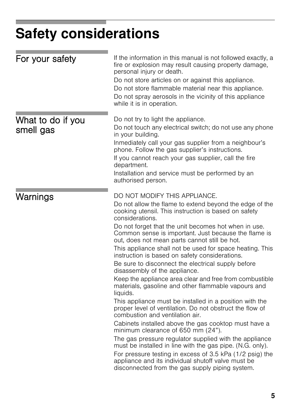 Safety considerations, For your safety, What to do if you smell gas | Warnings | Neff T22S46N0 User Manual | Page 5 / 22
