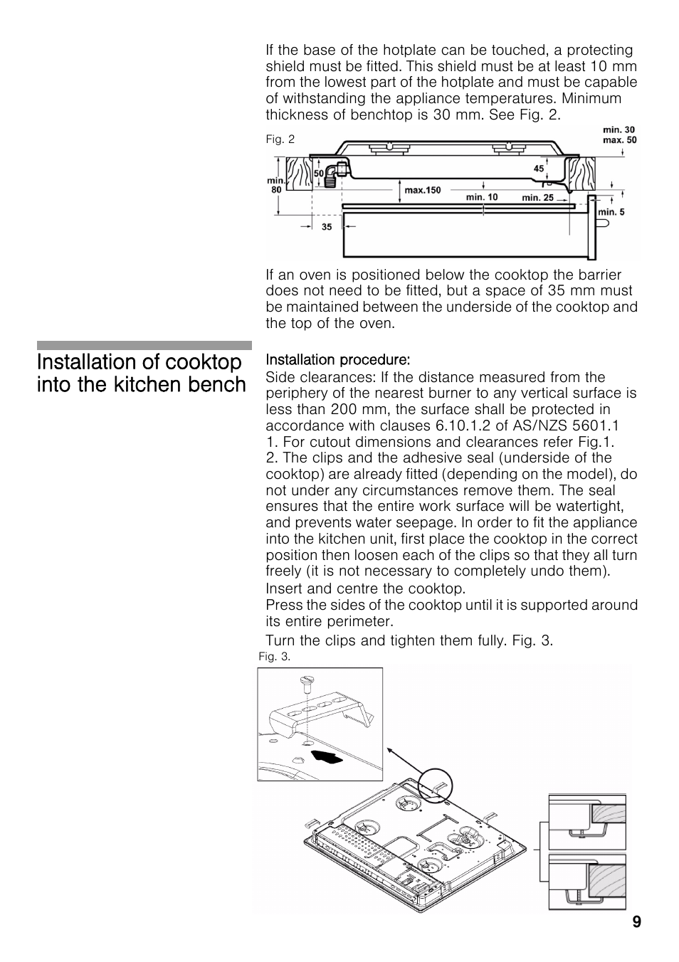 Installation of cooktop into the kitchen bench | Neff T22S46N0 User Manual | Page 9 / 22