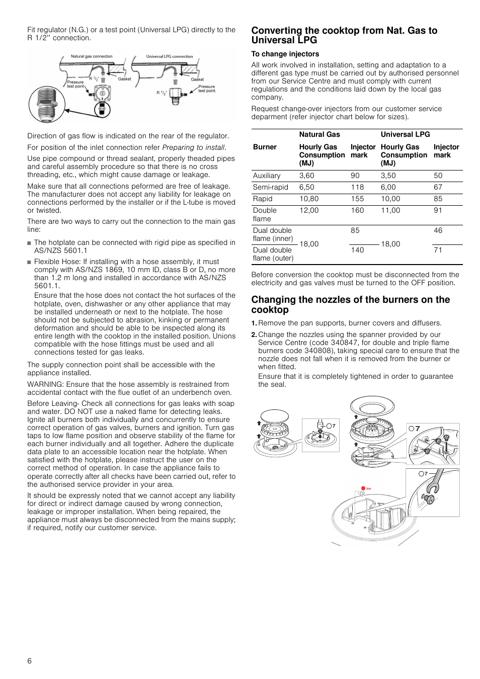 Graphic, For position of the inlet connection refer, Preparing to install | To change injectors, Table, Table heading, Table row, Natural gas, Universal lpg, Burner | Neff T22S46N0 User Manual | Page 6 / 12