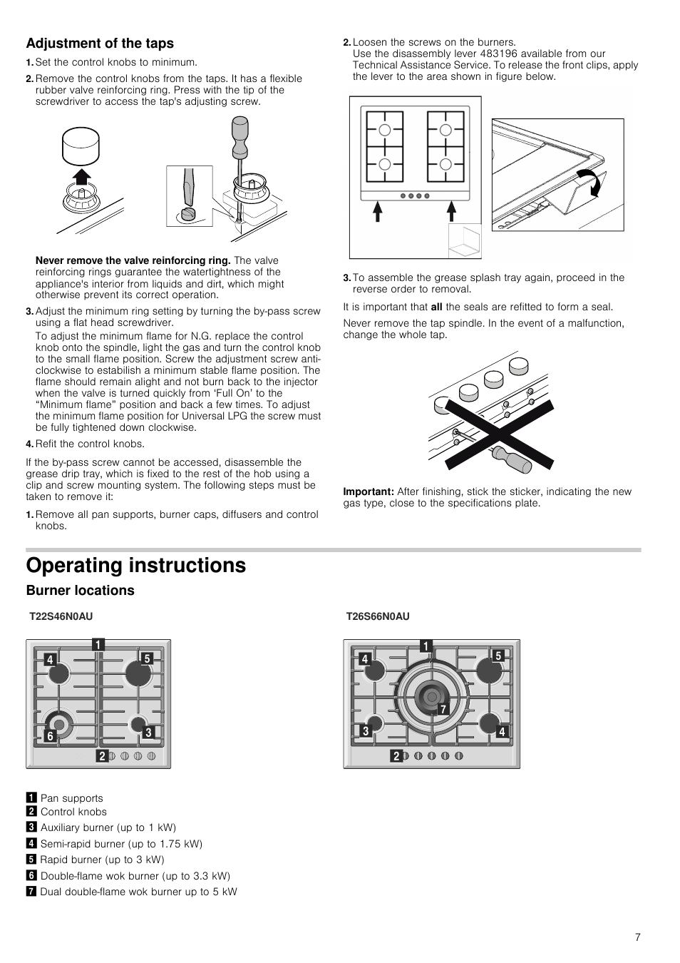 Adjustment of the taps, Set the control knobs to minimum, Graphic | Never remove the valve reinforcing ring, Refit the control knobs, Important, Operating instructions, Burner locations, Semi-rapid burner (up to, Rapid burner (up to | Neff T22S46N0 User Manual | Page 7 / 12