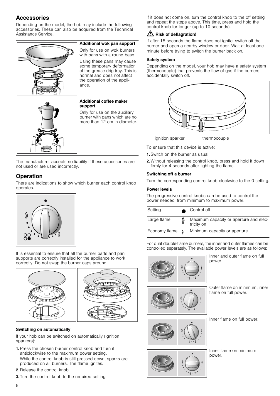 Accessories, Table, Table body | Table row, Graphic, Additional wok pan support, Additional coffee maker support, Operation, Switching on automatically, Release the control knob | Neff T22S46N0 User Manual | Page 8 / 12