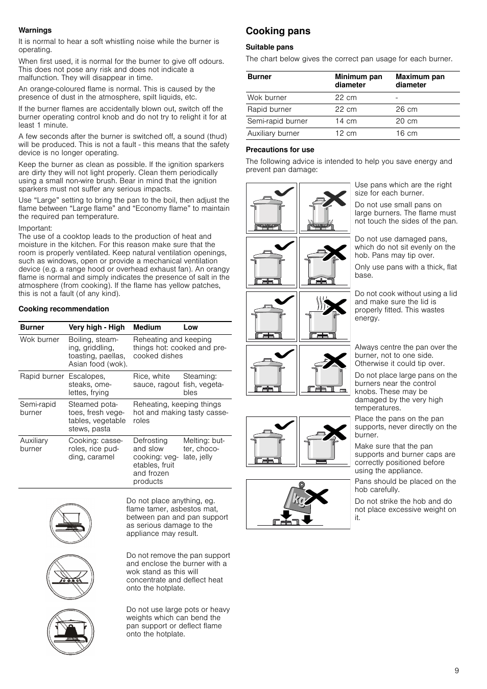 Warnings, Important, Cooking recommendation | Table, Table heading, Table row, Burner, Very high - high, Medium, Table body | Neff T22S46N0 User Manual | Page 9 / 12