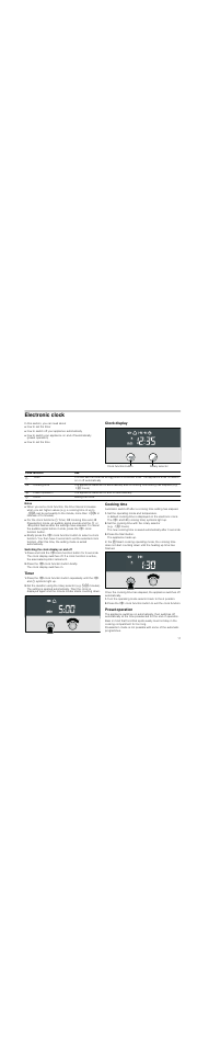 Electronic clock, Clock display, Notes | Switching the clock display on and off, Press the kjclock function button briefly, Timer, Cooking time, Set the operating mode and temperature, Press the start button, Preset operation | Neff C47D22N3GB User Manual | Page 11 / 28