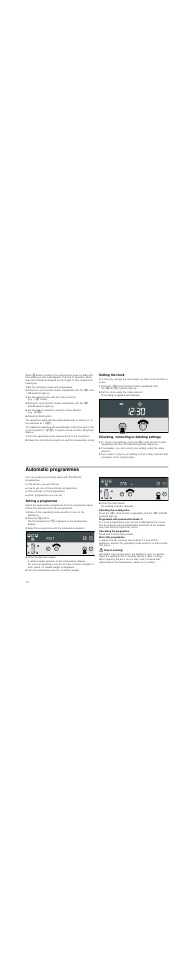 Set the operating mode and temperature, Press the start button, Setting the clock | Set the clock using the rotary selector, Checking, correcting or deleting settings, Automatic programmes, Setting a programme, Press the n button, Select the programme with the temperature selector, Press the n button again | Neff C47D22N3GB User Manual | Page 12 / 28