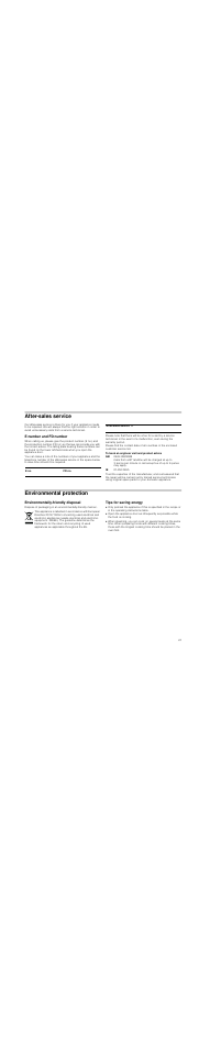 After-sales service, E number and fd number, To book an engineer visit and product advice | Environmental protection, Environmentally-friendly disposal, Tips for saving energy | Neff C47D22N3GB User Manual | Page 21 / 28