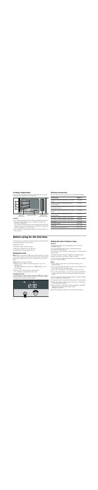 Cooking compartment, Caution, Optional accessories | Before using for the first time, Setting the clock, Note, Set the current time using the rotary selector, Setting the water hardness range, Notes | Neff C47D22N3GB User Manual | Page 8 / 28