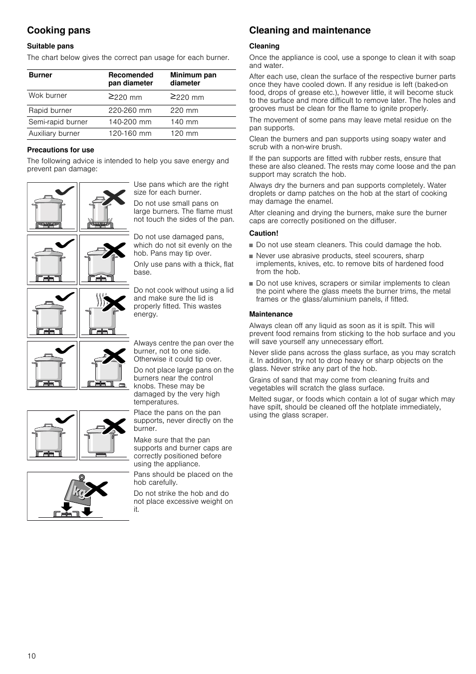 Cooking pans, Suitable pans, Table | Table heading, Table row, Burner, Recomended pan diameter, Minimum pan diameter, Table body, Wok burner | Neff T69S86N0 User Manual | Page 10 / 13