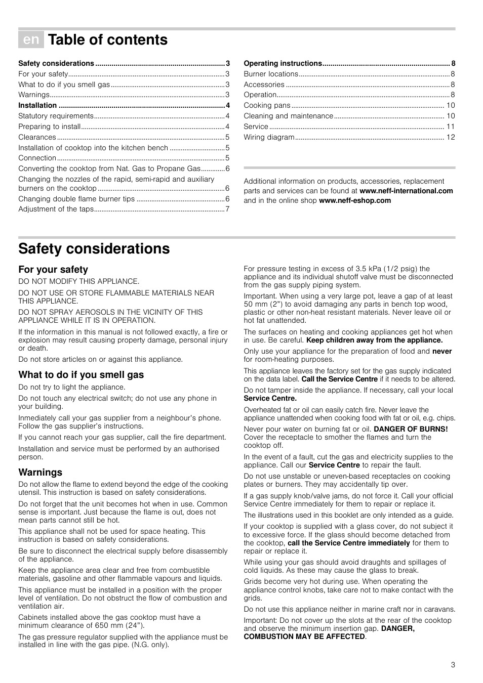 Safety considerations, For your safety, What to do if you smell gas | Warnings, Installation, Statutory requirements, Preparing to install, Clearances, Installation of cooktop into the kitchen bench, Connection | Neff T69S86N0 User Manual | Page 3 / 13