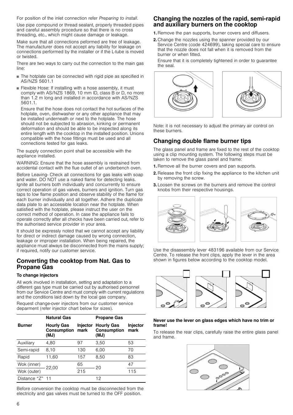 For position of the inlet connection refer, Preparing to install, To change injectors | Table, Table heading, Table row, Natural gas, Propane gas, Burner, Hourly gas consumption (mj) | Neff T69S86N0 User Manual | Page 6 / 13