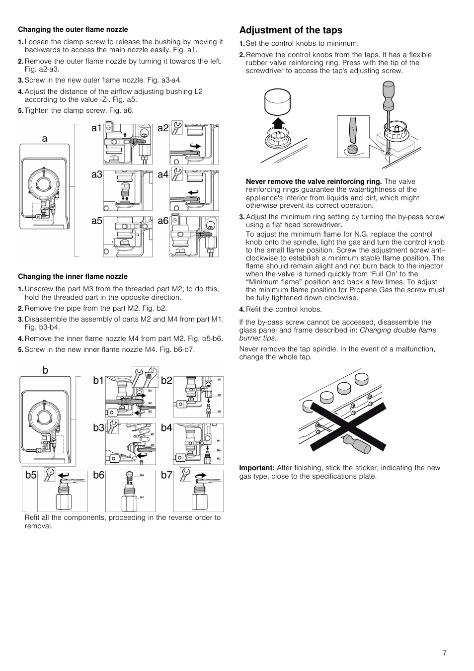 Changing the outer flame nozzle, Screw in the new outer flame nozzle. fig. a3-a4, Tighten the clamp screw. fig. a6 | Graphic, Changing the inner flame nozzle, Remove the pipe from the part m2. fig. b2, Screw in the new inner flame nozzle m4. fig. b6-b7, Adjustment of the taps, Set the control knobs to minimum, Never remove the valve reinforcing ring | Neff T69S86N0 User Manual | Page 7 / 13