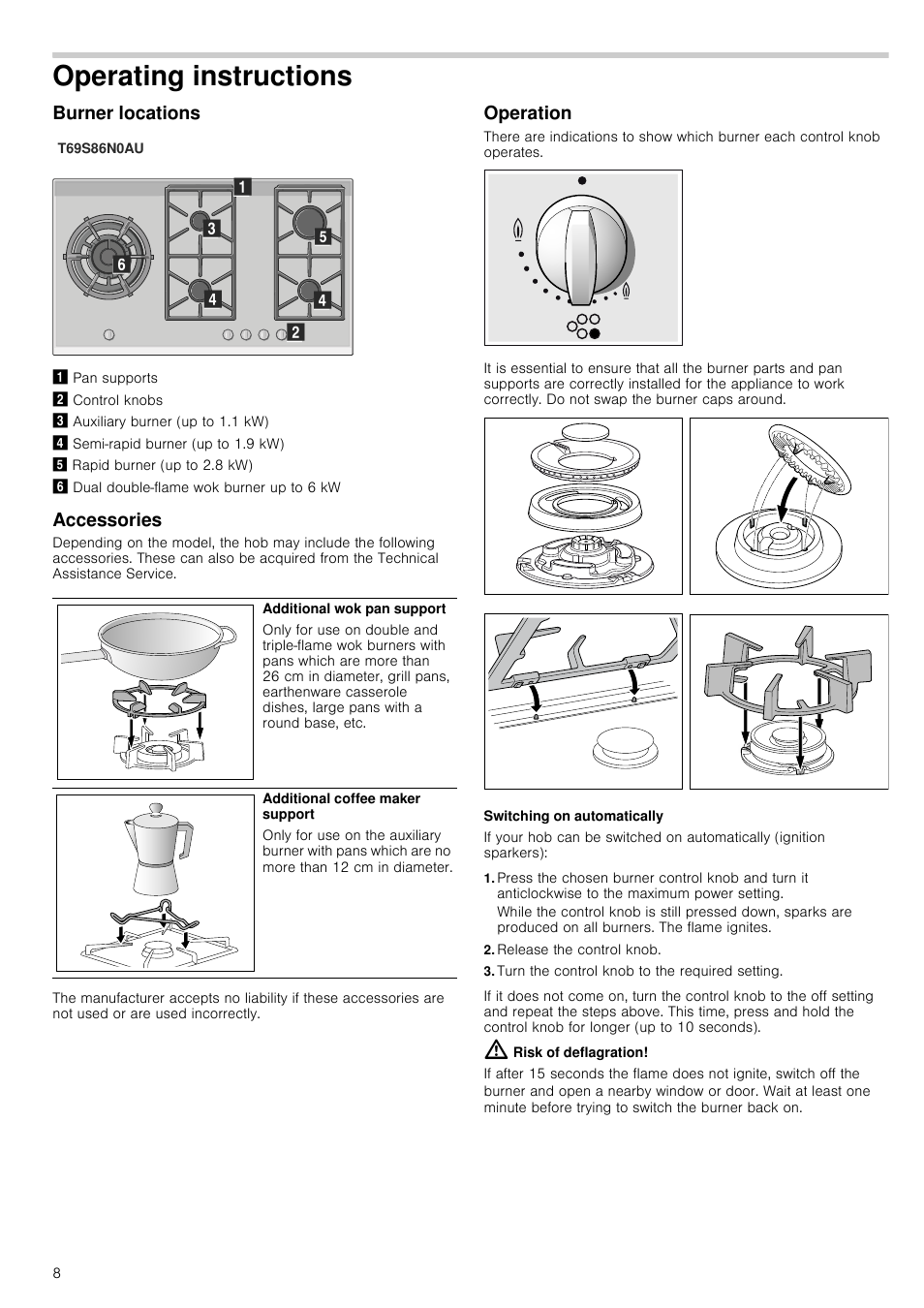 Operating instructions, Burner locations, Graphic | Semi-rapid burner (up to, Rapid burner (up to 2.8 kw), Dual double-flame wok burner up to, Accessories, Table, Table body, Table row | Neff T69S86N0 User Manual | Page 8 / 13