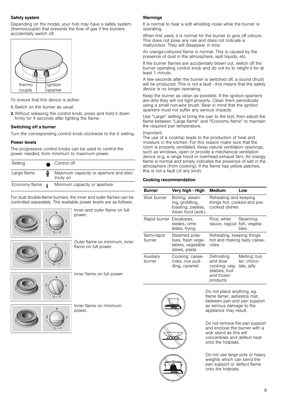 Safety system, Graphic, To ensure that this device is active | Switch on the burner as usual, Switching off a burner, Power levels, Table, Table body, Table row, Setting | Neff T69S86N0 User Manual | Page 9 / 13