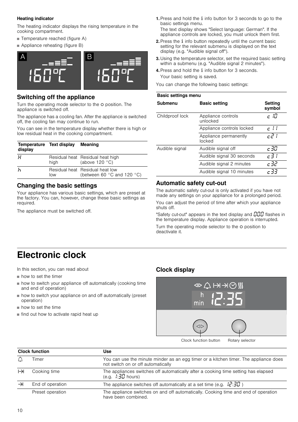 Heating indicator, Switching off the appliance, Changing the basic settings | Press and hold the ± info button for 3 seconds, Automatic safety cut-out, Electronic clock, In this section, you can read about, Clock display | Neff B16P52N3GB User Manual | Page 10 / 32