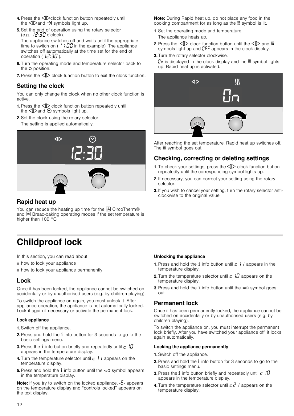 Setting the clock, Set the clock using the rotary selector, Rapid heat up | Note, Set the operating mode and temperature, Turn the rotary selector clockwise, Checking, correcting or deleting settings, Childproof lock, In this section, you can read about, Lock | Neff B16P52N3GB User Manual | Page 12 / 32