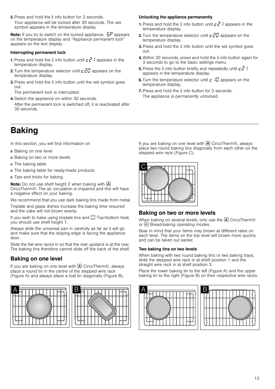 Press and hold the ± info button for 3 seconds, Note, Interrupting permanent lock | Switch the appliance on within 30 seconds, Unlocking the appliance permanently, Baking, Baking on one level, Baking on two or more levels, Two baking tins on two levels | Neff B16P52N3GB User Manual | Page 13 / 32