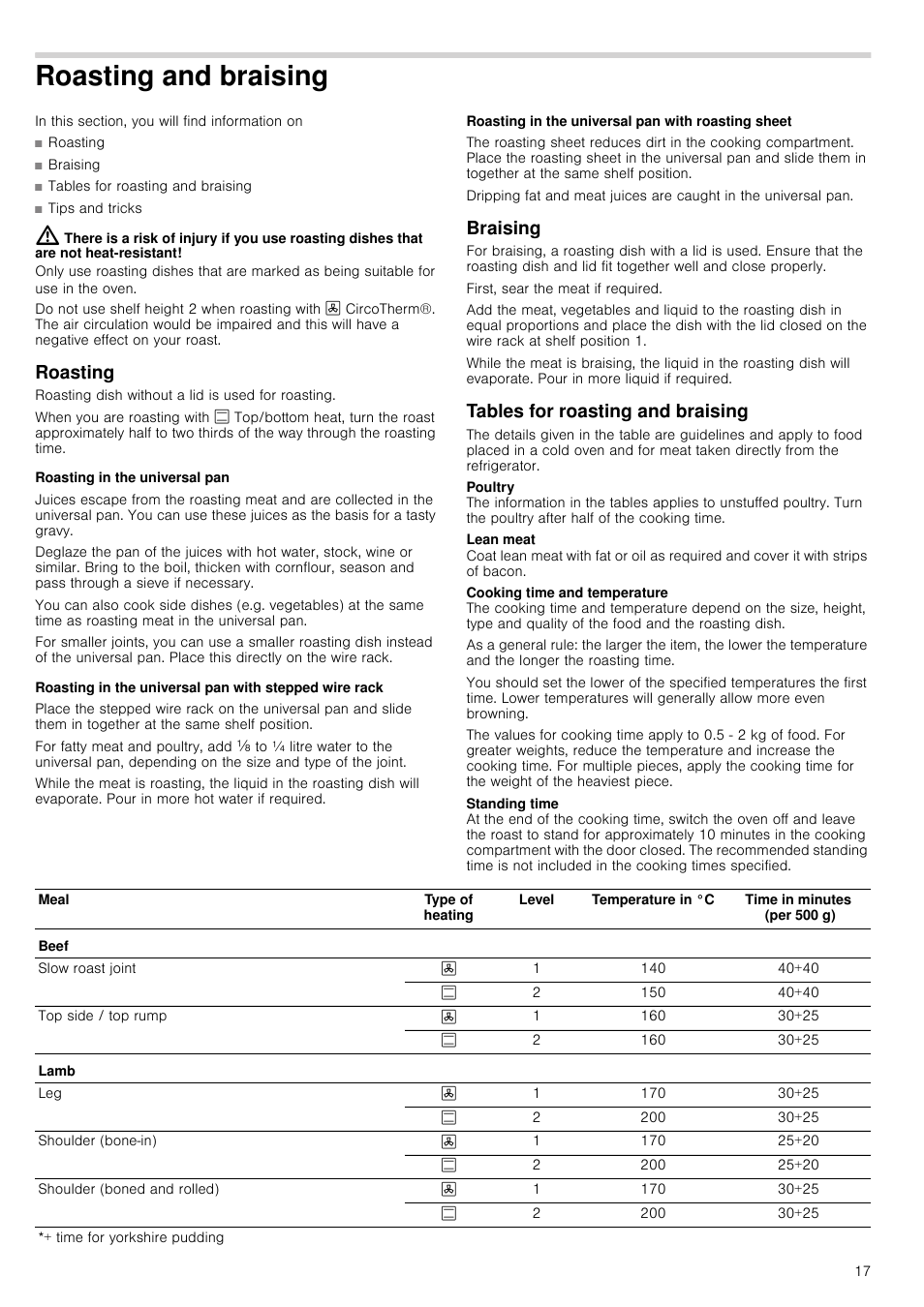 Roasting and braising, In this section, you will find information on, Roasting | Roasting in the universal pan, Roasting in the universal pan with roasting sheet, Braising, Tables for roasting and braising | Neff B16P52N3GB User Manual | Page 17 / 32