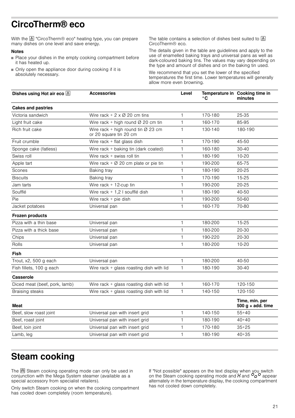 Circotherm® eco, Notes, Steam cooking | Neff B16P52N3GB User Manual | Page 21 / 32