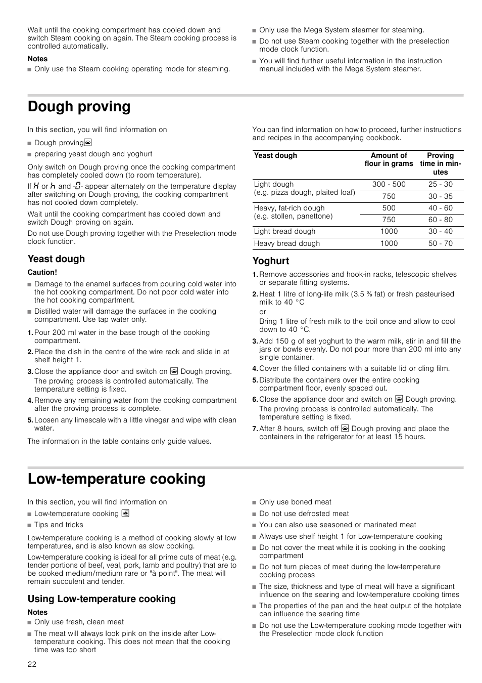 Notes, Dough proving, Yeast dough | Caution, Yoghurt, Low-temperature cooking, In this section, you will find information on, Using low-temperature cooking | Neff B16P52N3GB User Manual | Page 22 / 32