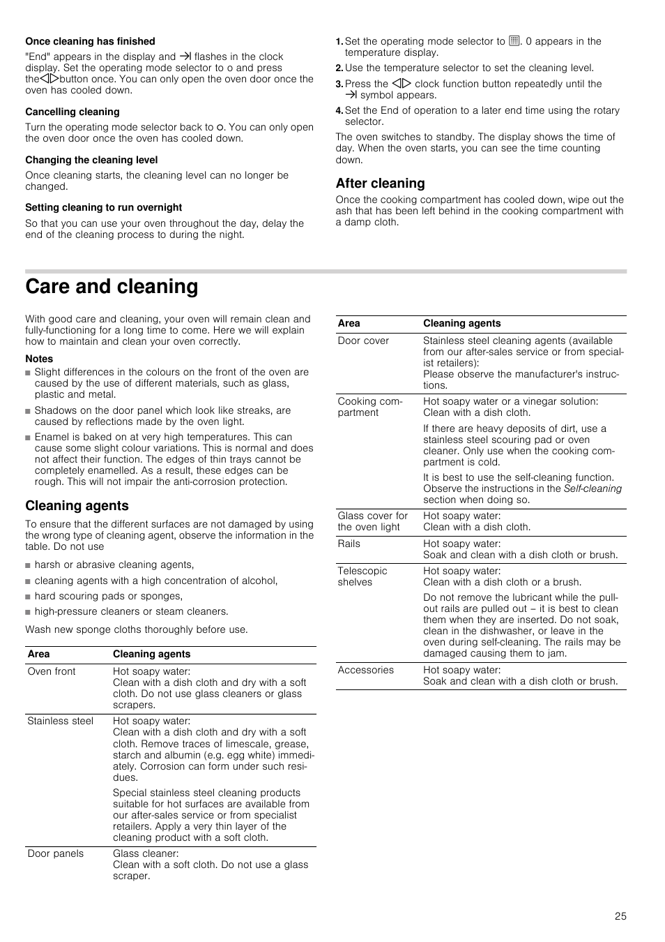 Once cleaning has finished, Cancelling cleaning, Changing the cleaning level | Setting cleaning to run overnight, After cleaning, Care and cleaning, Notes, Cleaning agents | Neff B16P52N3GB User Manual | Page 25 / 32